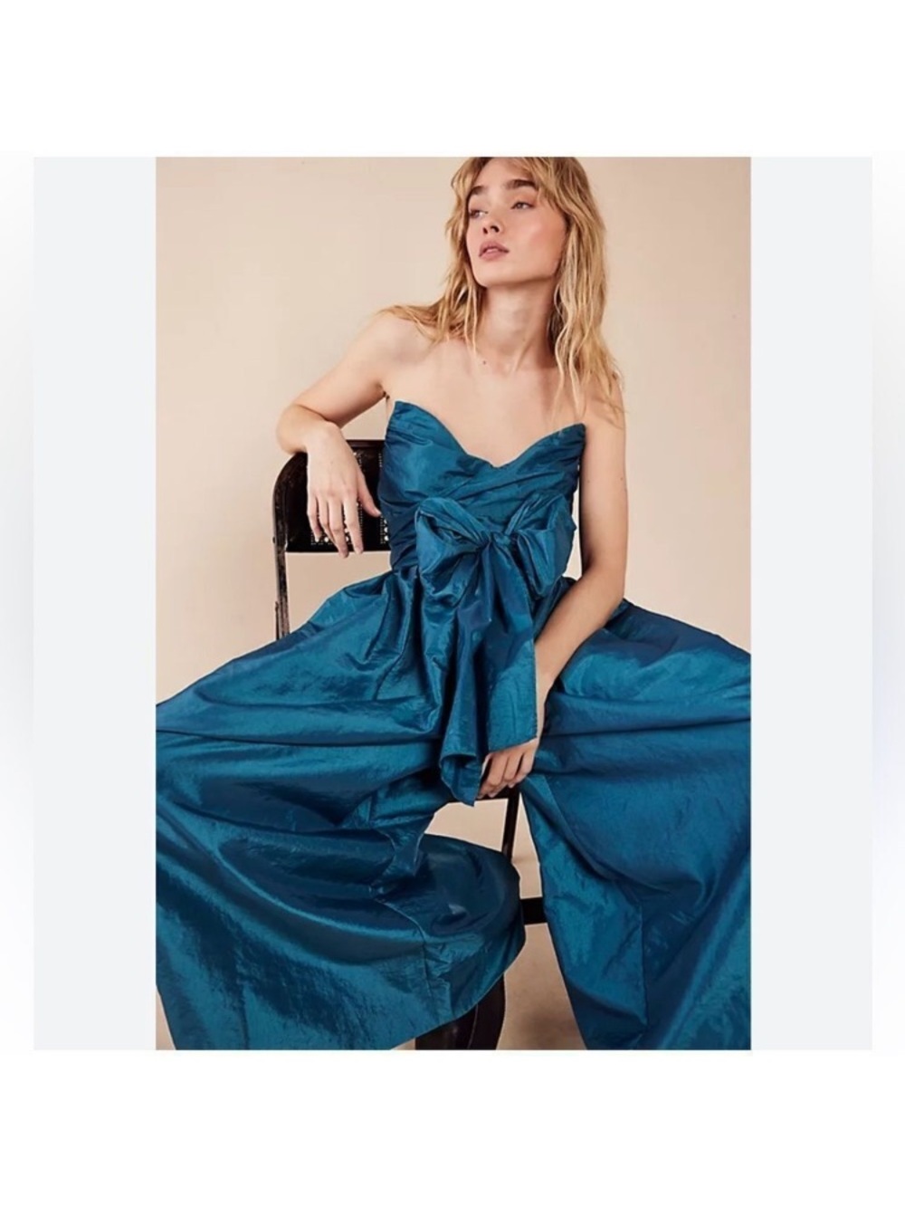 Strapless Teal Wide-Leg Jumpsuit with Front Bow